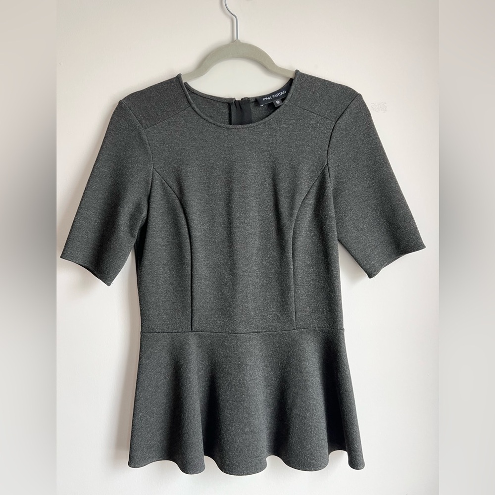 Pink Tartan Charcoal Grey Structured Peplum Knit Top - Size XS Quiet Luxury